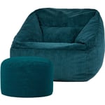 icon Pouf Fauteuil en Velours Côtelé Morgan et Rond Repose-Pieds, XXL Pouf Geant pour Salon, Pouf Poire Adultes, Vert Sarcelle, OEKO-TEX