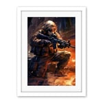 Artery8 Army Warfare Desert Sniper Explosion Flames Oil Painting Soldier Action Scene Artwork Framed Wall Art Print 18X24 Inch