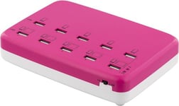 Deltaco USB-laddningsstation, 100-240V till 5V USB, 12A, 10xUSB-portar, rosa