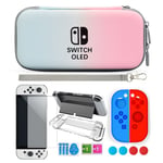 Ecran Verre Trempé Et Poignées Couvre Pouce, Etui Housse Pour Nintendo Switch Oled Avec 4 Thumb Grip, Étui À Poignée En Silicone