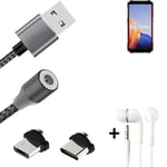 Magnetic charging cable + earphones for Ulefone Armor X9 + USB type C a. Micro-U