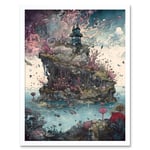 Fantasy World Coastal Island Landscape Nymph House Magical Marine Life Flying Fish Seaweed Cloud Art Print Framed Poster Wall Decor 12x16 inch