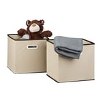 Relaxdays Set of 2 Folding Boxes, Square, Size: 30 x 30 x 30 cm, Storage Basket, Shelf Organiser, Beige, Fleece