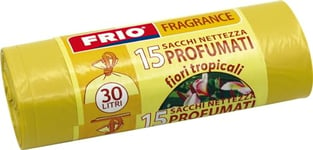 FRIO Lot de 15 Sacs Poubelle de 30 Litres Parfumés aux fleurs tropicales, 52x58cm, Couleur Jaune, Sacs Poubelle de Qualité Premium, Extra Résistants