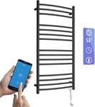 Sèche-Serviette Électrique Noir, 185 W Chauffe-Serviettes 1100×600 mm WiFi Intelligent Porte-Serviettes Chauffant Électrique 15 Barres Courbes Commande Tactile à LED Radiateur de Salle de Bain