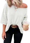 Cuptacc Sweat Femme Chic Ample Tricoté Pulls 2024 Longue à Manches 3/4 Col Rond Haut Beige, 2XL 50