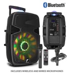 Portable Party Speaker Battery Powered, Bluetooth, 2x Microphones & Lights 15"