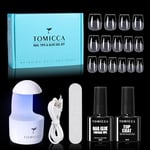 TOMICCA Kit Capsule Americaine Ongle - Pose Americaine Ongle Kit, 240 PCS Capsules Ongle Cercueil Ultra Court, Avec 6 en 1 Colle Faux Ongles Top Coat Semi Permanent Et Mini Lampe UV Ongles Gel