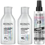 Redken Acidic Bonding Concentrate Shampoo, Conditioner and One United Multi-Benefit Leave-In Treatment Bond Repair Bundle