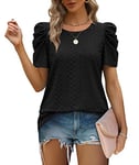 Aokosor Ladies Black Tops for Womens T Shirts Summer Clothes Round Neck Tshirts Gigot Sleeve Casual Tees Eyelet Tops Size 22-24