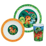 FUN HOUSE 006066 JURASSIC WORLD DINOSAURE Ensemble repas composé d’une assiette plate Ø 22 cm, d’une assiette creuse ou bol Ø 16 cm et d’un verre 220 ml pour enfant Multicolore