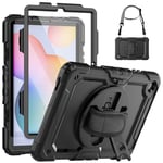 SEYMCY Case for Samsung Galaxy Tab S6 lite Case 10.4 Inch 2024/2022/2020, Shockproof Case with Screen Protector, Rotating Stand/Hand Strap, Shoulder Strap for Samsung S6 Lite Tablet Case, Black