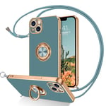 DOMAVER Coque iPhone 13 6.1", [Cordon et Anneau] avec 360 Rotatif, Coque Téléphone pour iPhone 13 Fin Souple, Etui avec Collier Corde iPhone 13 Antichoc, Bleu Gris