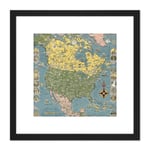 1945 Ernest Dudley Chase Pictorial Map North America 8X8 Inch Square Wooden Framed Wall Art Print Picture with Mount