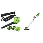 Greenworks GD40BVK2X Aspirateur Souffleur sans Fil de Feuilles à Batterie avec Moteur & G40LT Coupe Bordure sans Fil pour Jardins Moyens, Hauteur Réglable, Largeur de Coupe