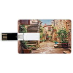 16G USB Flash Drives Credit Card Shape Tuscan Decor Memory Stick Bank Card Style View of an Old Mediterranean Street with Stone Rock Houses in Italian City Rural Culture Print,Multi Waterproof Pen Thu