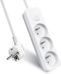 Multiprise 3 Prises Avec Interrupteur, 2P+T, Bloc 3 Prises, 3G1,0 Mm² 1,5M Rallonge, Sécurité Enfant, Gris Et Blanc, 16A 250 V