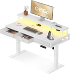 Bureau Réglable avec Tiroirs, 120cm Bureau Electrique avec Support de Moniteur, Bureau Gaming Electrique avec Chargeur et Lumière LED, Bureau Electrique Reglable, Blanc