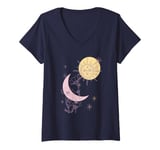 Femme Trendy Moon Sun Flowers and Stars Line Drawn T-Shirt avec Col en V