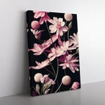 Pretty Little Flowers Black, Pink, Purple Canvas Wall Art Print Ready to Hang, Framed Picture for Living Room Bedroom Home Office Décor, 76x50 cm (30x20 Inch)