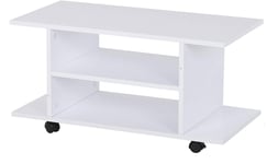 Rolling TV Stand Storage Shelves Console Coffee Table on Wheels Wooden White New