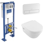 Villeroy&boch - Pack wc suspendu compact sans bride villeroy et boch O.novo + abattant + plaque blanche + bâti - Blanc