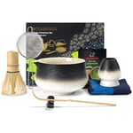 TEANAGOO Fouet à Matcha Japonais (7pcs) Set de Matcha Kit Mtacha Bol à Matcha avec bec verseur Fouet à Matcha en Bambou (chasen) Scoop Support pour Fouet à Matcha.N34,Gradient Blanc Noir