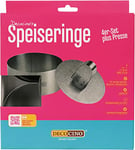 Decocino Lot de 4 anneaux à dessert avec presse - Diamètre : 10 cm, hauteur : 4 cm - En acier inoxydable pour la cuisson, le moulage et les couches de desserts, de hamburgers pattys, etc.