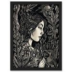 Woman with Crow in a Field Black and White Linocut Artwork Framed Wall Art Print A4