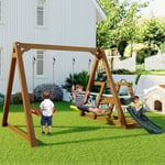 Balançoire double pour enfants, balançoire robuste avec toboggan et échelle, cadre de balançoire extérieur en bois massif, portique de balançoire