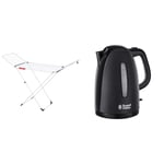 Vileda Extra X-Legs Clothes Airer, Indoor Clothes Drying Rack with 20m Washing Line, White & Russell Hobbs Textures Electric 1.7L Cordless Kettle (Fast Boil 3KW, Black premium plastic, matt