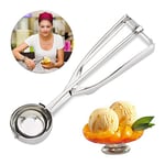 Relaxdays cuillère à glace en acier inoxydable, avec gâchette, pour crème glacée, fruits, pâte à biscuits, grosses boules ∅ 50 mm, forme de boule de glace, argent, 1 pièce