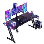 HLONONE 160 x 60 cm Bureau Gaming LED, Bureau Gamer avec Plateau en Fibre de Carbone, Grande Table Gaming, Bureau Informatique avec Tapis de Souris, Porte-gobelet et Crochet pour Casque, Noir