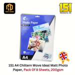 A4 Chiltern Wove Matt Photo Paper For Inject Printer, Pack Of 8 Sheets, 200gsm