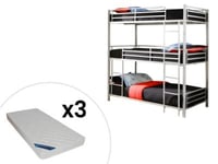 Lits superposés triple 3 x 90 x 190 cm - Métal - Argent + Matelas - ELOUAN III