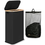 iEGrow Panier à linge avec couvercle 60 L, panier a linge sale fin avec sac intérieur amovible et lavable, corbeille a linge en bambou, paniers à linge pliables pour buanderie, chambre (Noir)