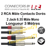 Câble 2 RCA Mâle vers 2 Jack 6.35 Mâle Mono Conecteurs REAN Long 3 METRES