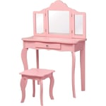 Costway - Coiffeuse Enfant Rose avec Tabouret, Table de Maquillage avec Miroir à Trois Panneaux et Tiroir, 70 x 34 x 103 cm, Rose