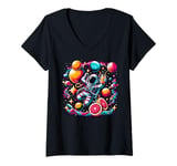 Womens Colorful Galaxy Astronaut Drinking Grapefruit juice V-Neck T-Shirt