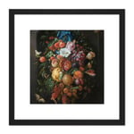 De Heem Still Life Festoon Of Fruit And Flowers 8X8 Inch Square Wooden Framed Wall Art Print Picture with Mount