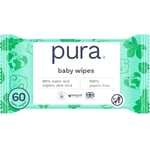 Pura Eco Friendly Baby Wipes, 99% Water, 100% Plastic Free, Biodegradable, Compostable, Vegan, Suitable for Sensitive, Eczema Prone and Newborn Skin, Vegan, 1 Pack of 60 Water Based Wet Wipes