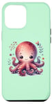 Coque pour iPhone 14 Pro Max Fond vert avec pieuvre souriante mignonne