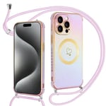 Kokio Coque avec Cordon pour iPhone 15 Pro Max, Magnétique Etui Housse avec Motif Coeur d'amour, Compatible avec MagSafe, Réglable Lanyard Collier Housse pour iPhone 15Pro Max, Bandoulière(Violet)