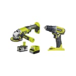 Pack Ryobi - Perceuse Visseuse 18V One Plus - R18DD2-0 - Meuleuse d'angle 18V One+ - R18AG-140S - 1 batterie 4.0Ah - 1 chargeur rapide