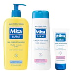 Mixa Bébé - Routine Bain et Toilette - Gel Corps et Cheveux Très Doux 300 ml + Lait de Toilette Très Doux 300 ml + Crème Hydratante Protectrice 100 ml - Peaux Délicates Nourrissons - Hypoallergéniques