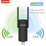 1300 Mbps USB Wifi -sovitin Dual Band 2.4G/5.8G Ethernet Wi-Fi Dongle Ulkoinen antenni Wi-Fi-vastaanotin Verkkokortti PC:lle