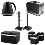 Swan Retro Black Kitchen Set - Kettle, 2 Slice Toaster, Bread Bin, Canisters