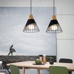 Lot de 2 Lustre Suspension Industrielle E27 Cage en Fer et Bois Luminaire Style Contemporain pour Chambre Salon Cuisine Noir