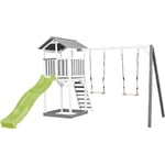 Beach Tower Aire de Jeux avec Toboggan en vert Clair, 2 Balançoires & Bac à Sable Grande Maison Enfant extérieur en Gris & blanc Cabane de Jeu en