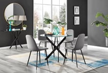 Novara 4 Seater Black Leg Round Glass Dining Table & 4 Corona Faux Leather Black Leg Chairs